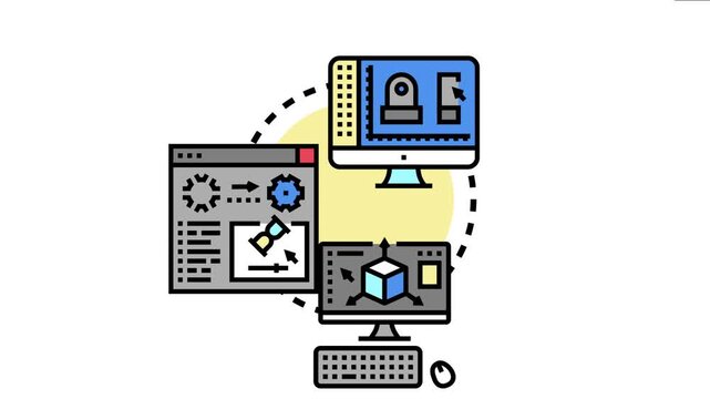 3d rendering process multiple computer screens interconnected, depicting stages from conceptual design and modeling to processing and final visualization of a digital object