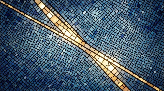 Abstract blue mosaic tiles with diagonal golden light reflection creating dynamic pattern