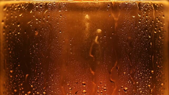close-up of an amber glass covered in condensation and droplets with cold carbonation and golden light