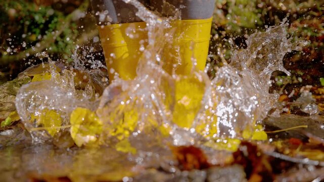 CLOSE UP, SLOW MOTION: Bright yellow boots land in shallow woodland creek and send water droplets high into the air. Playful walk through colourful forest strewn with fallen leaves on sunny autumn day