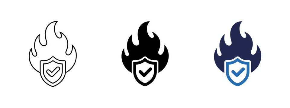 secure fire icon set with shield flame and hazard symbols