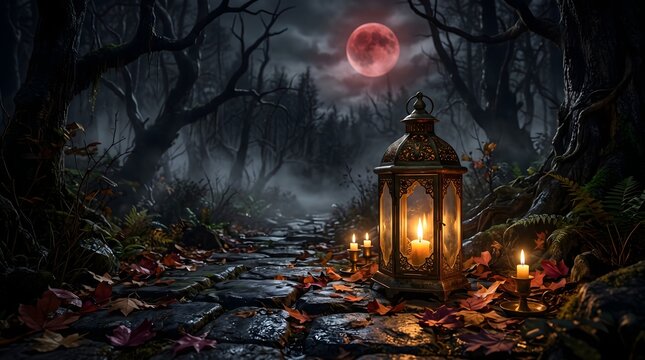 Glowing lanterns illuminate a dark misty forest path under a mysterious red moon at night
