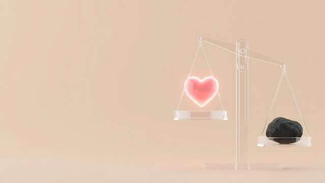 Conceptual 3D illustration of a balance scale weighing a glowing pink heart against a heavy black stone symbolizing emotional burden