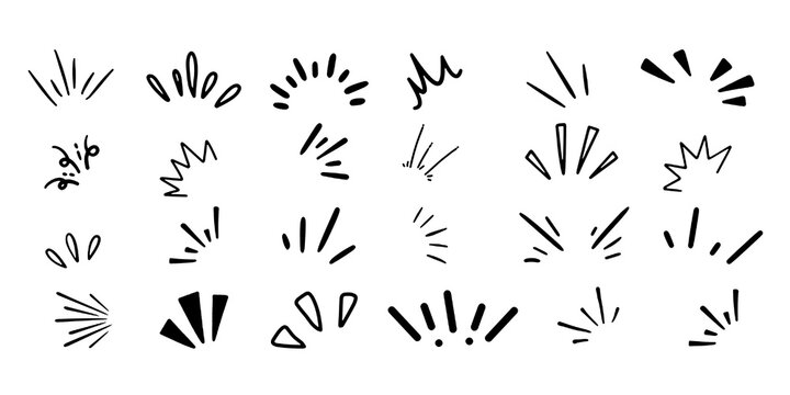 line sparkle vector set, comic style decorative lines, burst effects, and dynamic radial patterns in black for enhancing illustration.