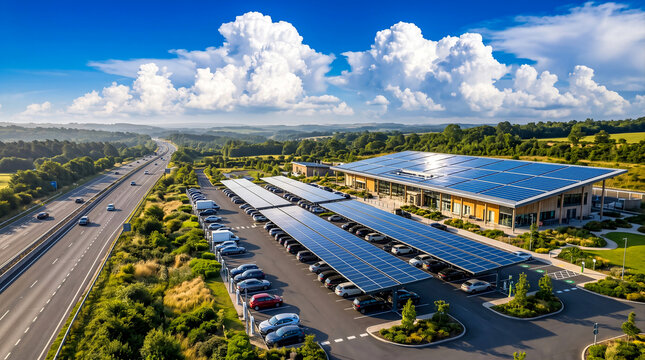 Rooftop photovoltaic solar panels and parking canopy carports at highway service stop
