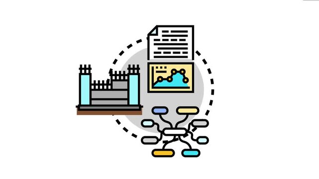 Abstract framework icon representing the interconnected processes of data analysis, project development, and strategic planning, visualizing a system for organized information management