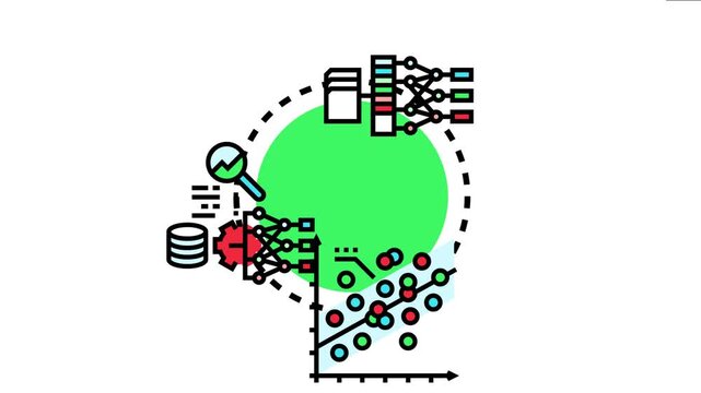 Data analysis concept featuring neural networks, a linear regression graph, data points, and a magnifying glass, machine learning processes and big data
