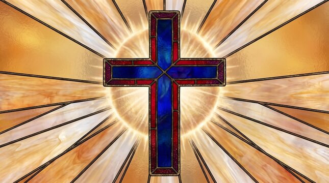 Glowing stained glass cross with radiant light beams