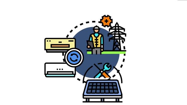 Technician performing ac system maintenance and check, ensuring efficient air conditioning operation, energy saving, and sustainable consumption with solar power integration