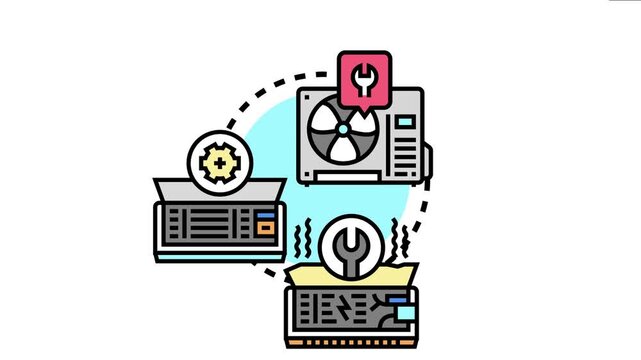 Air conditioning system maintenance check, with an outdoor condenser unit, a clean indoor unit, and a damaged or faulty indoor unit representing repair and servicing needs