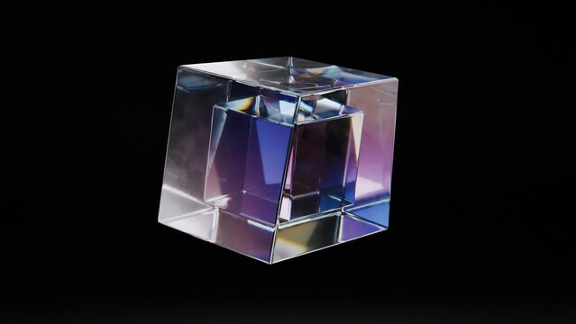 Reflective iridescent glass cube on black background with reflective iridescent geometry refraction abstract