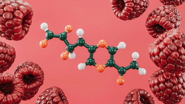 Molecular structure of raspberry ketone chemical compound surrounded by fresh raspberries with raspberry, molecule