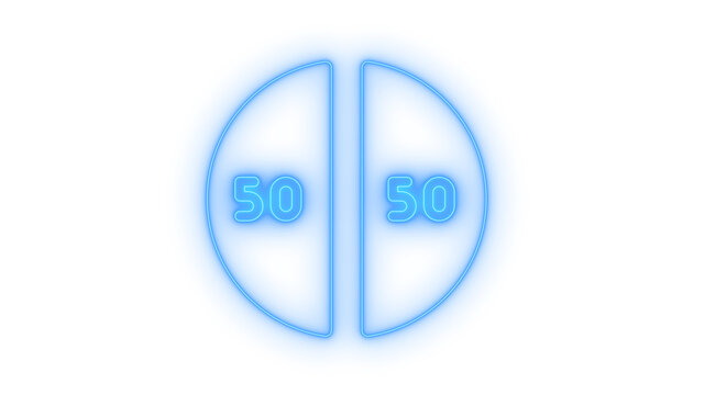 Glowing neon fifty fifty split pie chart icon isolated on transparent background. Equal division. Half and half symbol. Fifty percent. Budget ratio.