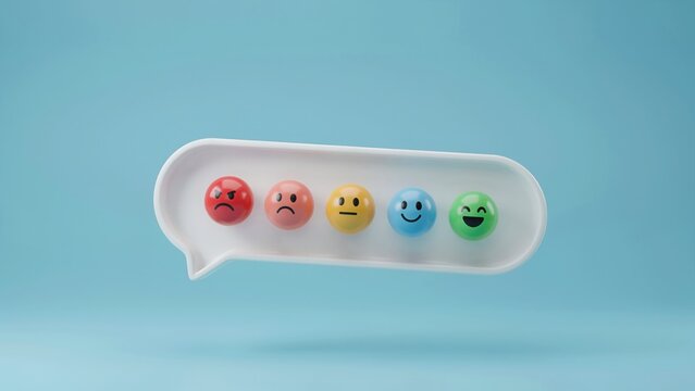 Colorful emotion icons on speech bubble representing customer feedback and satisfaction with feedback, satisfaction