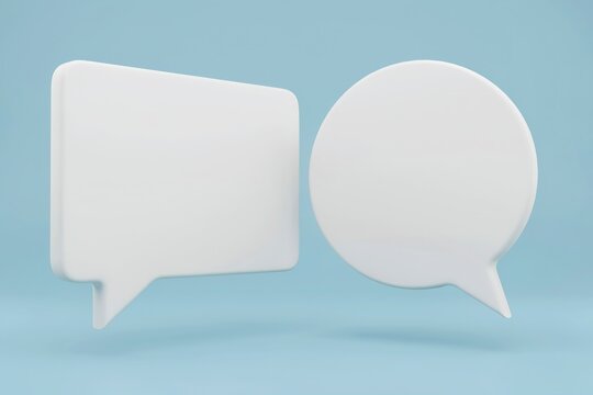 Two blank white 3D speech bubbles isolated on blue background with communication template conversation dialogue