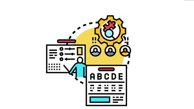 Conceptual depicting an academic aptitude evaluation process. With a person assessing tasks. Multiple choice options. And a system analyzing educational potential and candidate abilities
