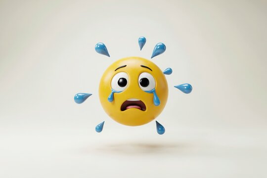 Crying yellow emoji face surrounded by floating blue droplets symbolizing sadness and distress with expression