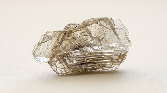 Close-up of a translucent mica stone fragment displaying intricate layered crystal sheets and glassy reflections on a clean light background