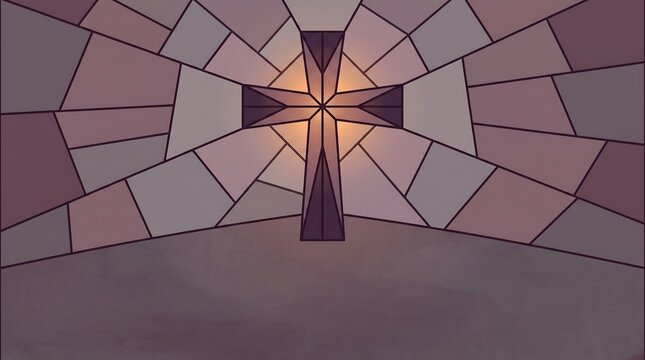 Abstract stained glass cross with warm light in a geometric pattern design