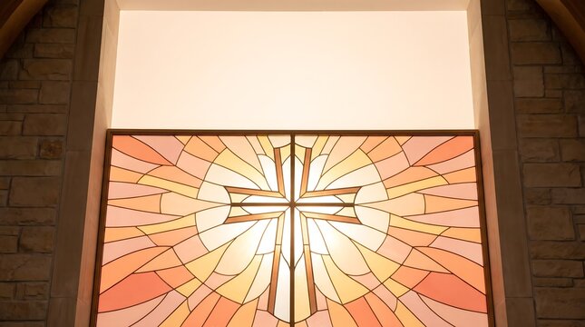 Vibrant stained glass cross in a church with warm sunset colors and divine light