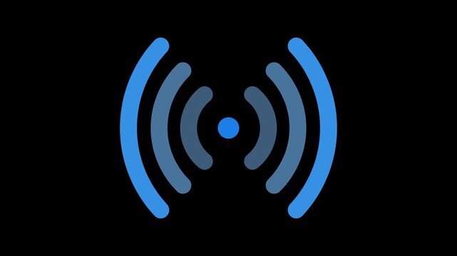 Abstract blue wifi signal waves emanating from center on black background.