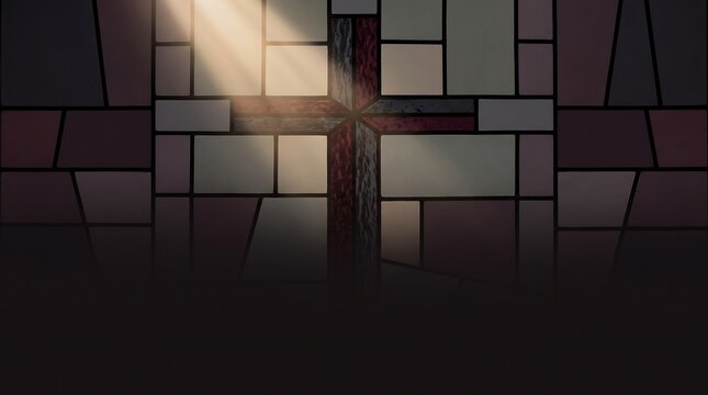 Abstract wooden cross with sunlight beam on dark stone wall background