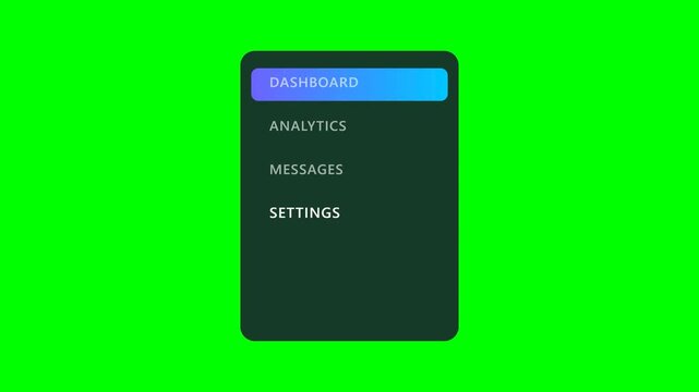 Modern UI Navigation Menu Animation on Green Screen Background.