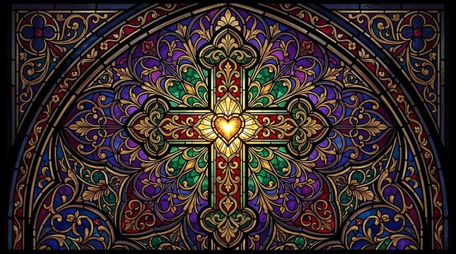 Colorful ornate stained glass cross with intricate patterns
