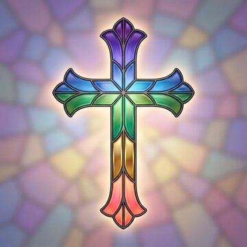 Colorful stained glass cross with radiant mosaic background