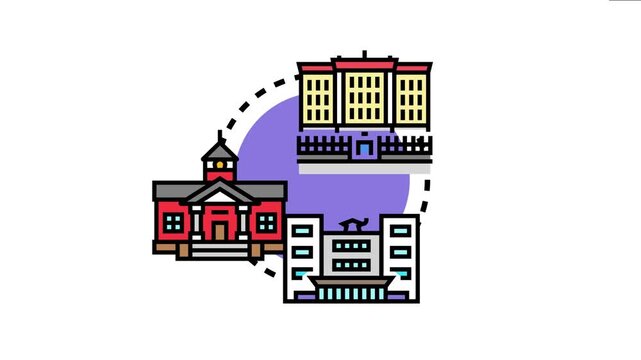Academic establishments depicting various university campus buildings, representing educational institutions, learning, and higher education design