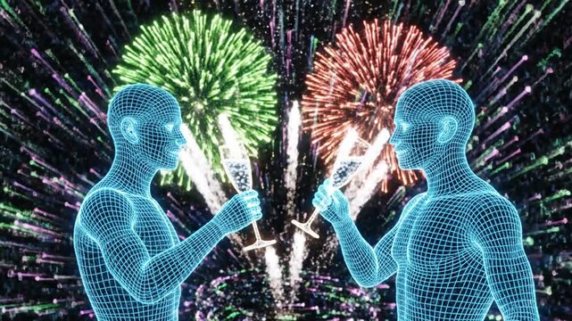 Digital wireframe humans toasting with champagne glasses and fireworks