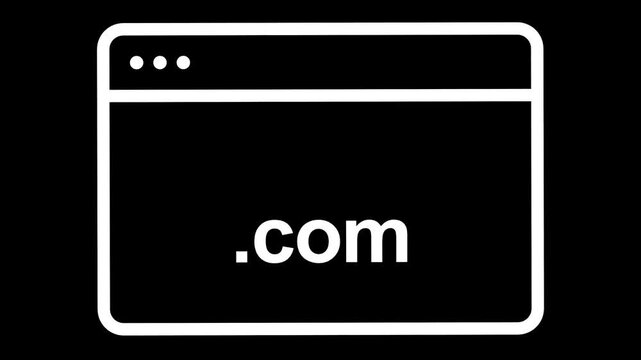 Simple White Bordered Rectangle and .com Domain Icon on Black Background.