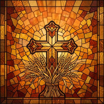 Colorful stained glass cross with wheat and sunburst design