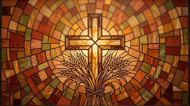 Colorful stained glass cross with wheat sheaf design