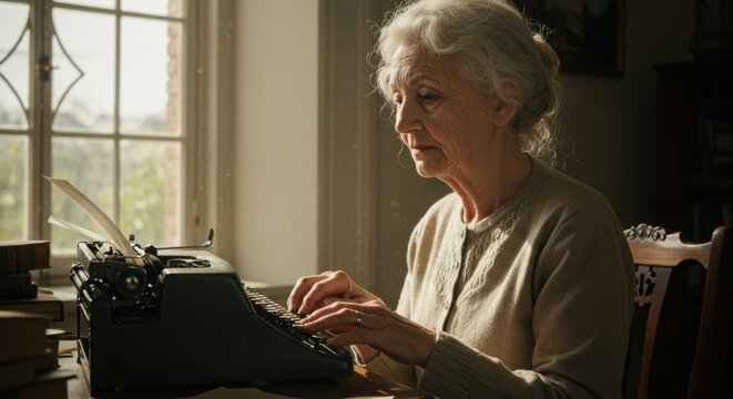 Elderly woman typing on a vintage typewriter by the window in a cozy room, focusing on her work