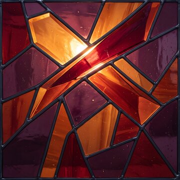 Vibrant abstract stained glass with warm red and orange geometric shards and light beams