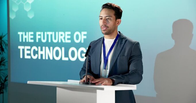 Businessman, presentation and scared in seminar with anxiety, event and emerging technology speech. Nervous, person or public speaking fear in conference with worry, stress or future of IT convention
