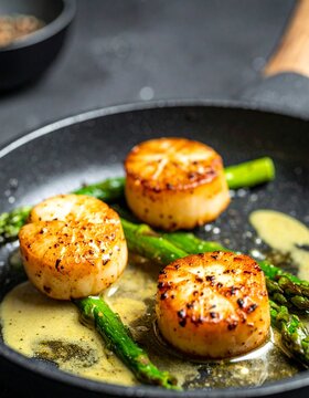 Seared Scallops with Fresh Asparagus Cooking in a Hot Cast Iron Pan