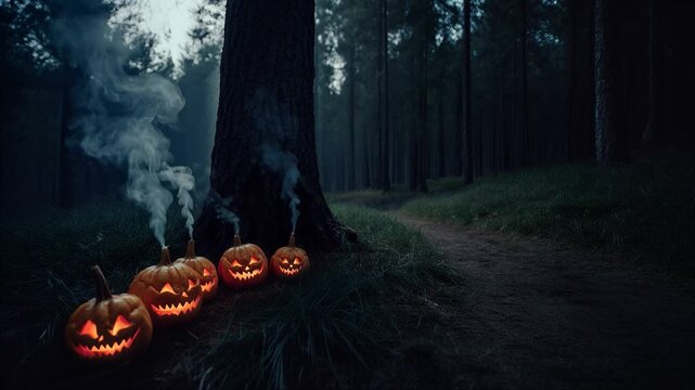 Glowing jack o lanterns with rising smoke in dark spooky forest at night