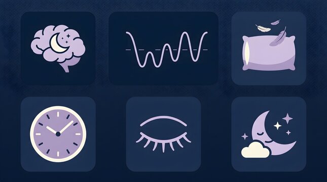 Sleep cycle icon set with brain waves and moon symbols. Purple night therapy icons for insomnia and wellness apps. 6 flat vector elements.