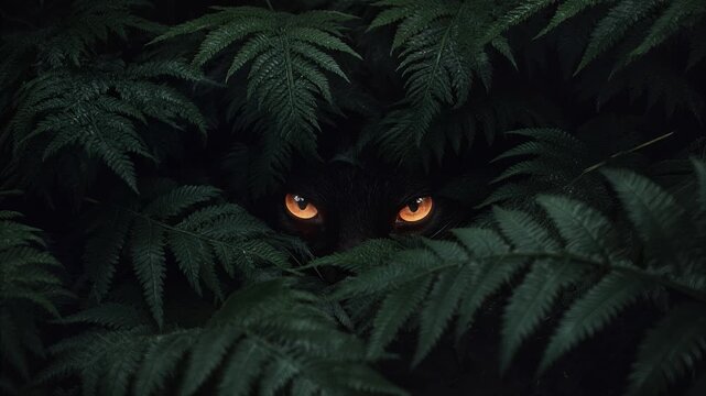Mysterious black cat hiding in lush green fern foliage with glowing orange eyes