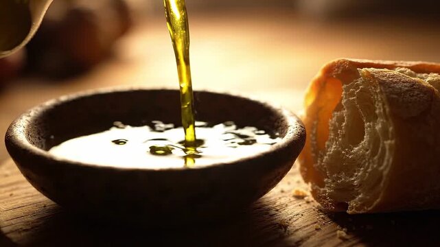 Olive oil pouring into a ceramic bowl beside rustic bread, showcasing dipping sauce preparation and Mediterranean food tradition in warm kitchen light