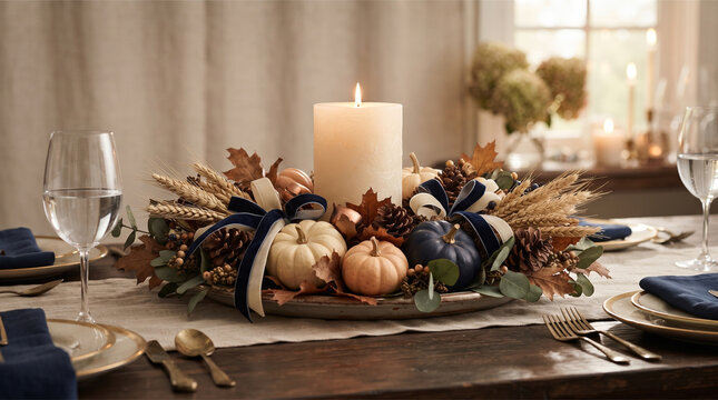 Cozy fall table setting with candle and pumpkin centerpiece