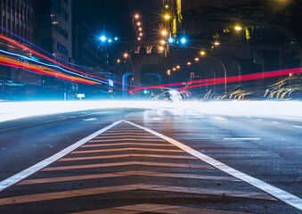 Night city street with motion blur car light trails on a busy urban road at night. © HA Sento