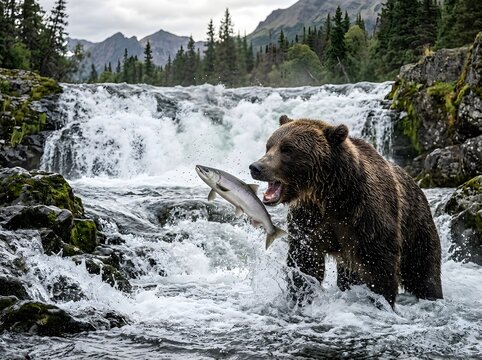 Brown bear catching salmon in a rushing river with mountains in the background