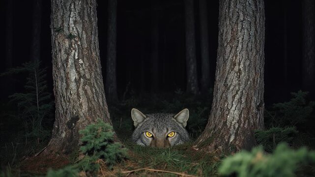 Wild wolf hides in dark forest peeking out from behind large pine trees during spooky night time halloween season