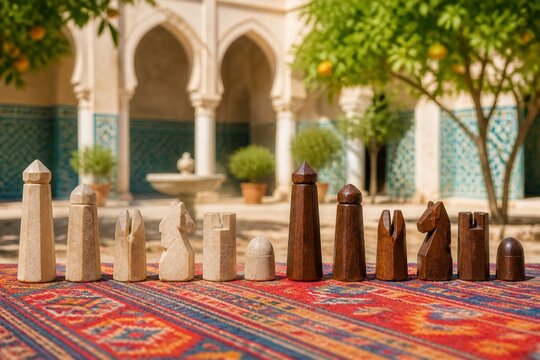 Medieval Arab Shatranj Pieces Displayed in a Sunlit Courtyard