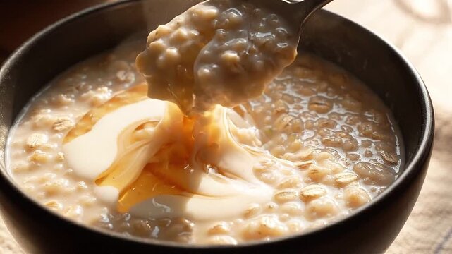 Spoon stirs creamy oatmeal with yogurt and honey, then lifts a warm spoonful for a nourishing breakfast serving and homemade comfort food concept