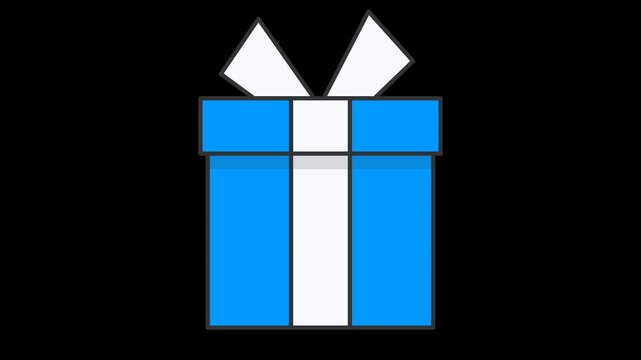 Seamless loop animation of a blue gift box with white ribbon moving up and down. Minimalist flat style icon graphic element isolated on transparent alpha channel background for sale assets.