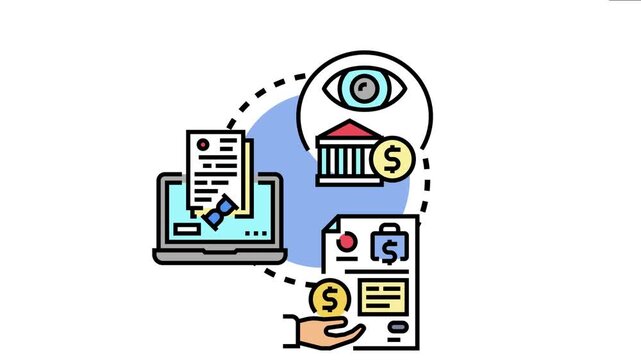 Digital process accelerated financial claim processing. Showing a laptop. Hourglass. Bank. Eye monitoring activity. And a hand receiving money